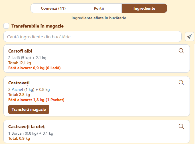 Aplicația pentru restaurant: Ingredientele din bucătărie