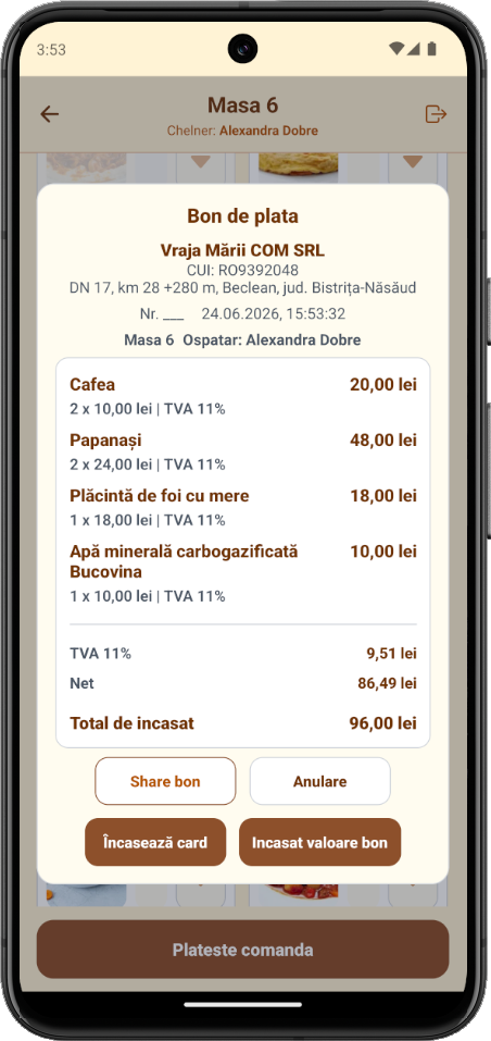 Aplicația pentru restaurant: Plata comenzii