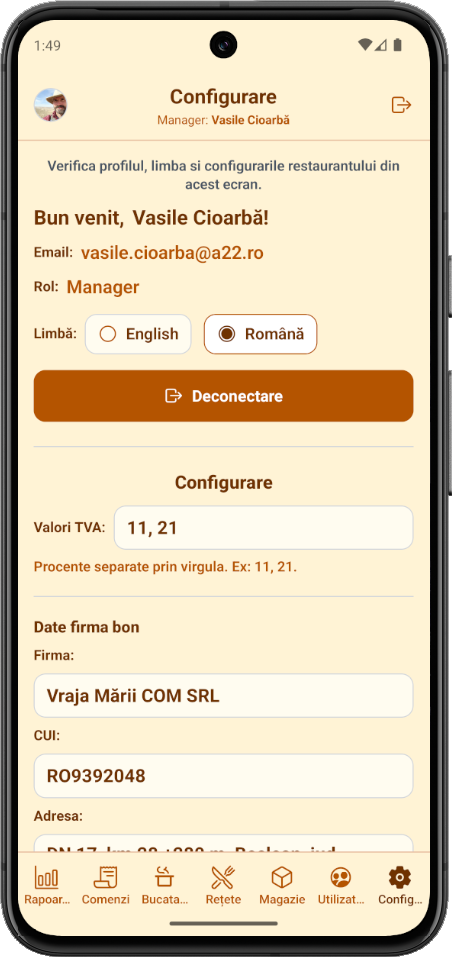 Aplicația pentru restaurant: Configurare pe mobil