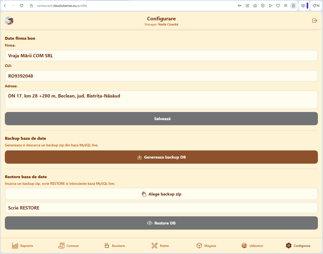 Aplicația pentru restaurant: Configurare pe web