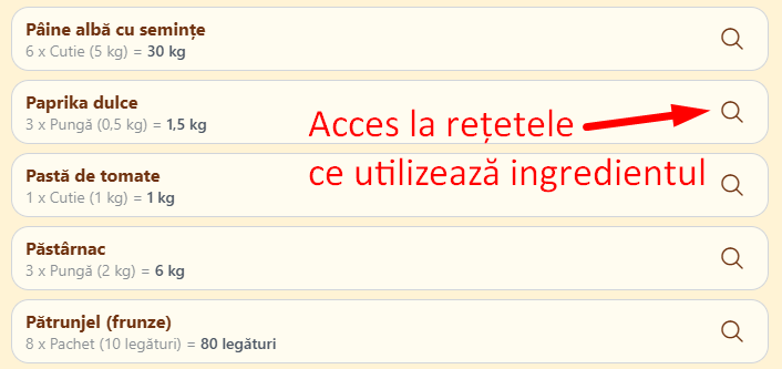 Aplicația pentru restaurant: Ingredientele din magazie