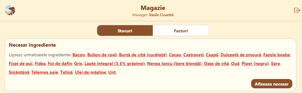 Aplicația pentru restaurant: Necesarul de ingrediente