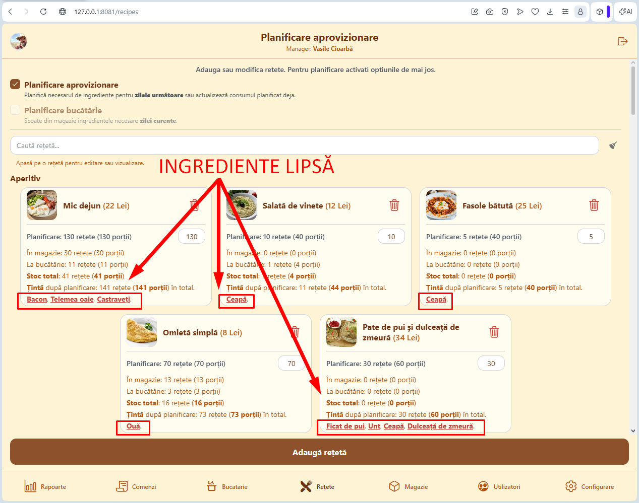 Aplicația pentru restaurant: Planificarea aprovizionării