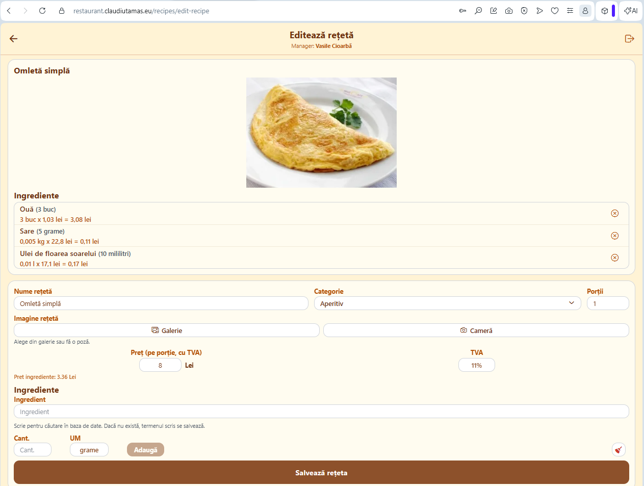 Aplicația pentru restaurant: Editarea unei rețete