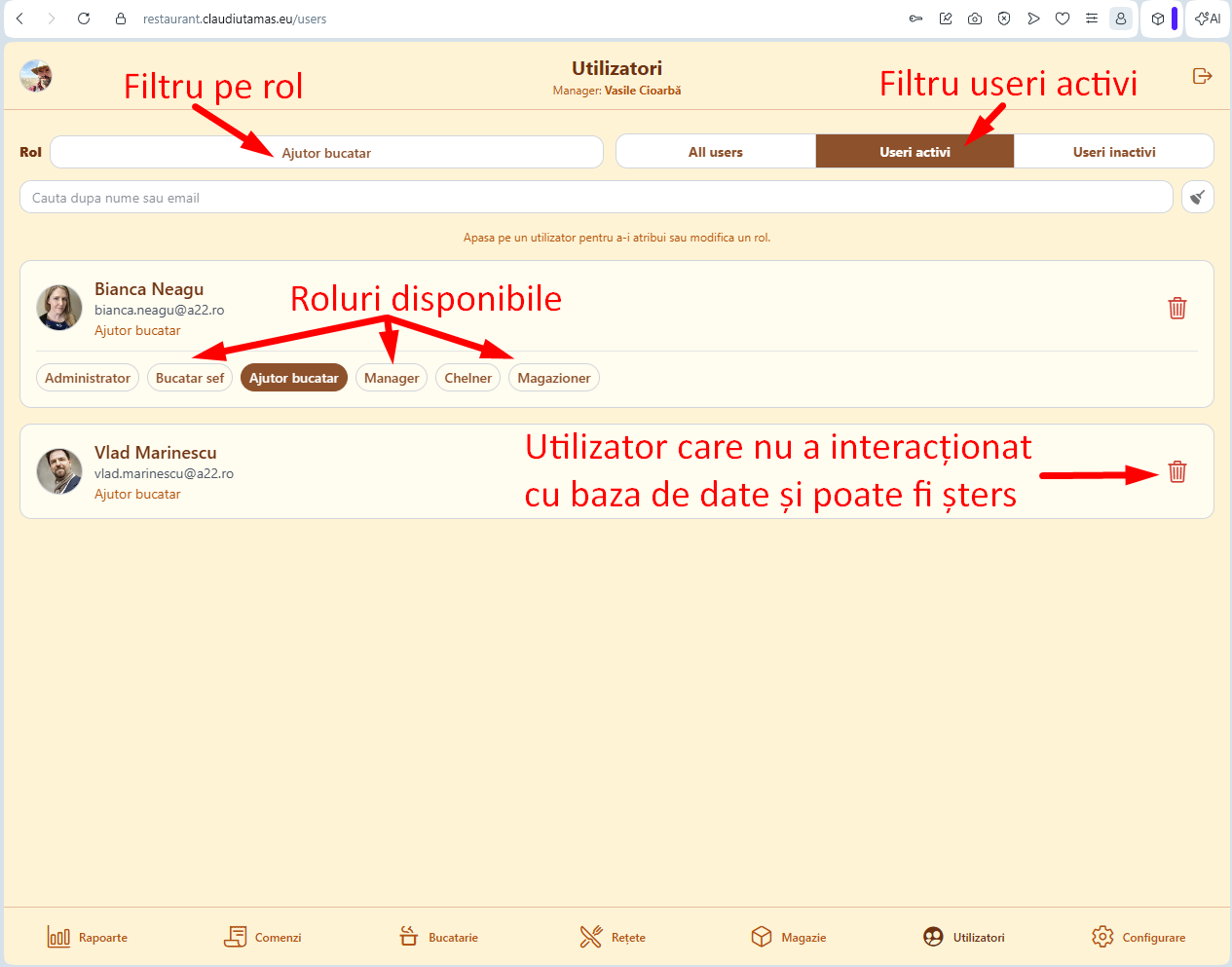 Aplicația pentru restaurant: Utilizatori pe web